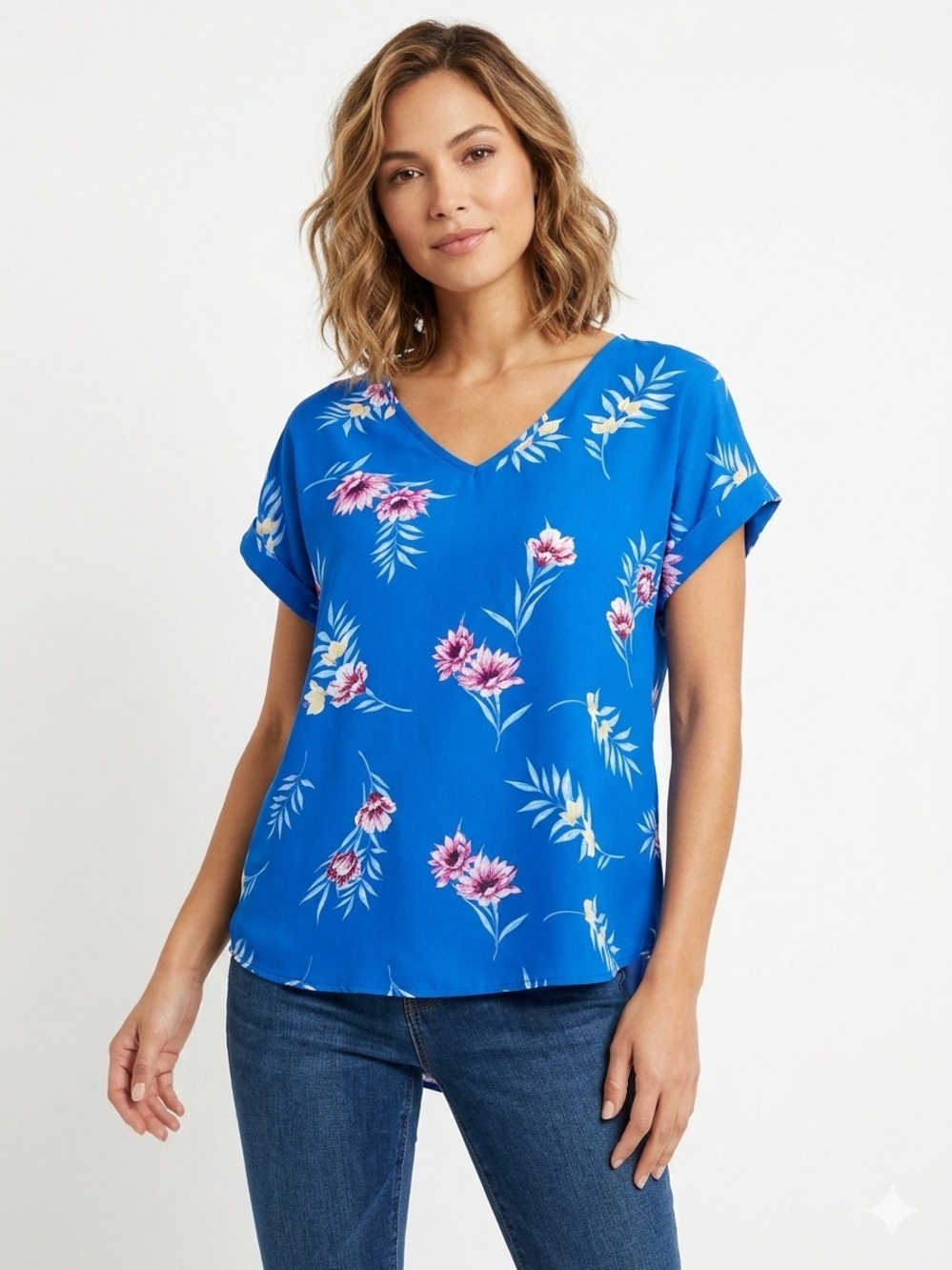 Pink Rose NWOT Floral V-Neck Women's Top in Royal Blue Short No Stretch